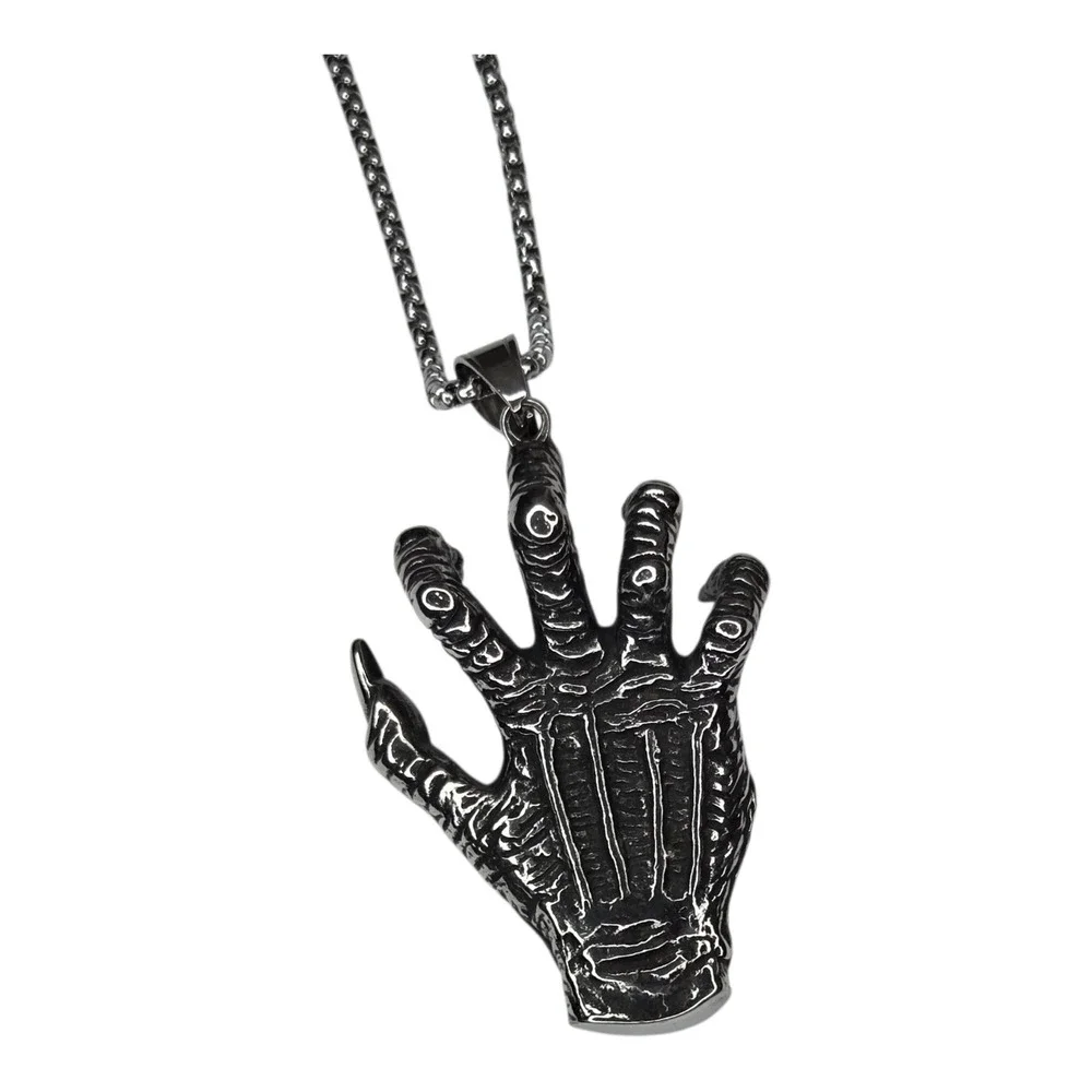 Vintage Monster Hand Necklace Metal Silver Tone Evil Eye Goth Punk Pendant